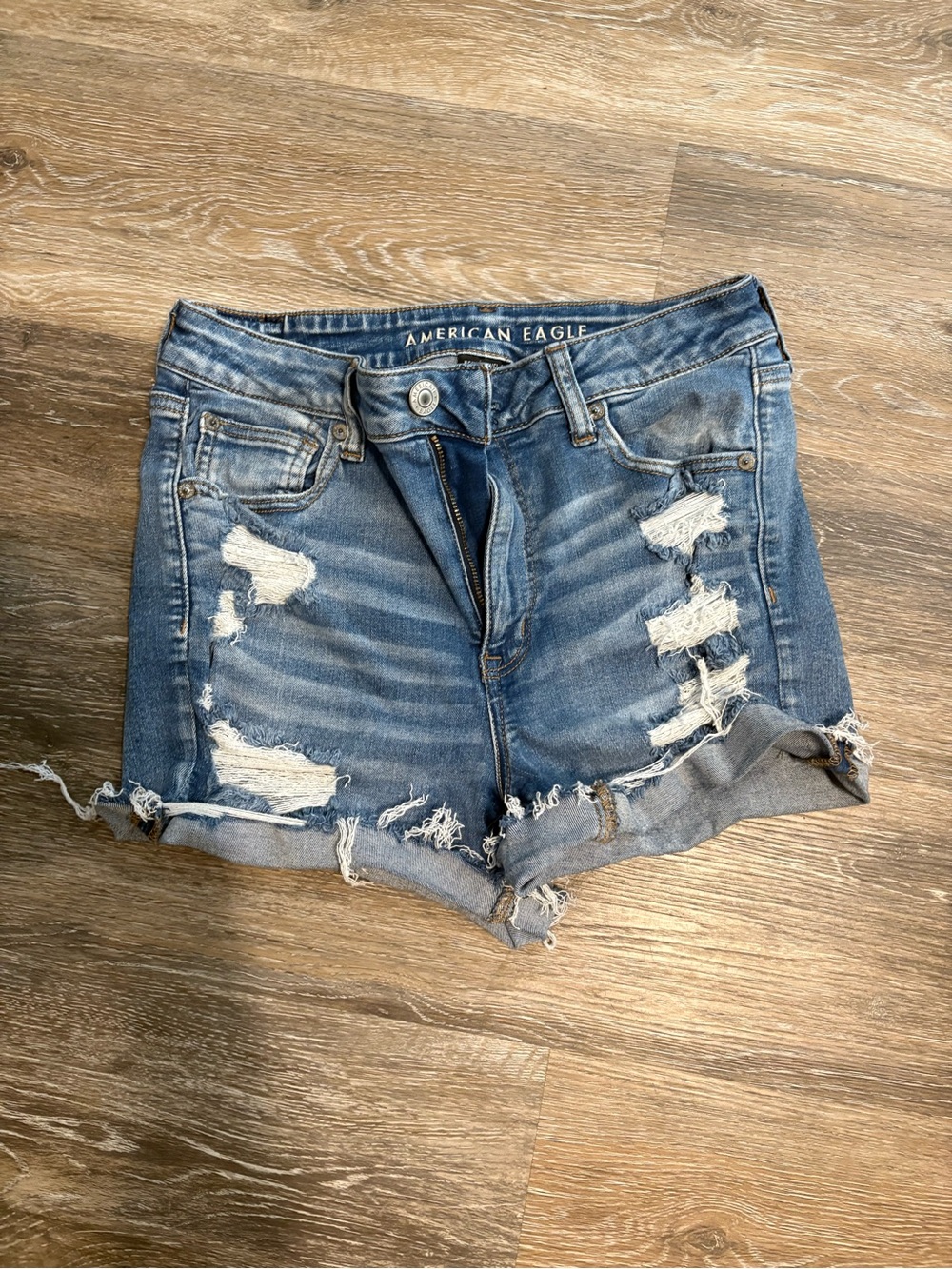 American Eagle Outfitters Ripped Rolled Hem Denim Shorts - Blue